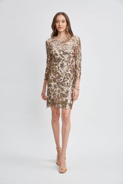 Women Floral Sequin Long Sleeve Dress Antique Gold | Elie Tahari