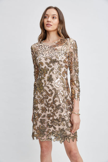 Women Floral Sequin Long Sleeve Dress Antique Gold | Elie Tahari