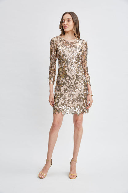 Women Floral Sequin Long Sleeve Dress Antique Gold | Elie Tahari