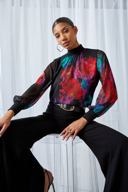 Women Mock Neck Studio Floral Shirt  | Elie Tahari