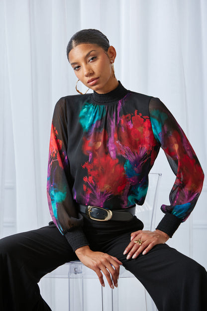Women Mock Neck Studio Floral Shirt  | Elie Tahari