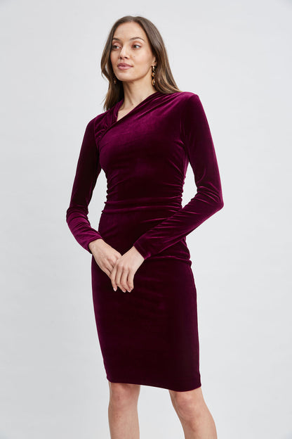 Women Asymmetric Ruched Velvet Dress Burgundy | Elie Tahari