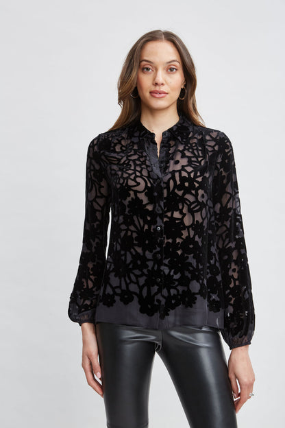 Women Burnout Silk Velvet Burnout  Shirt Black | Elie Tahari