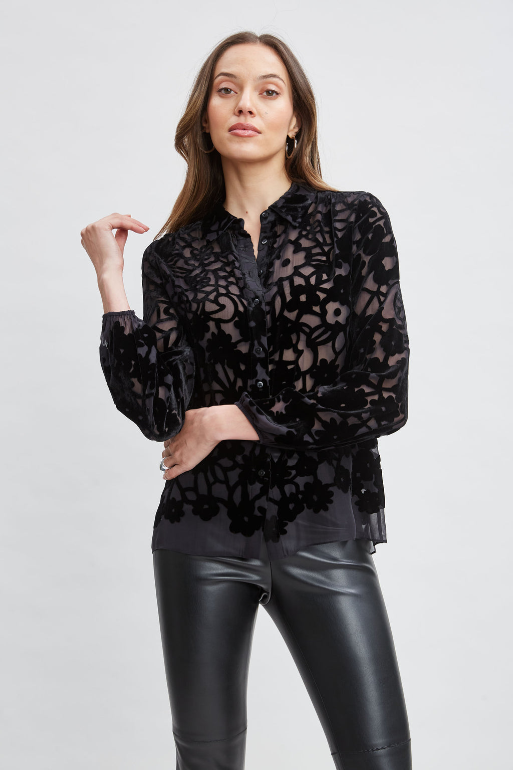 Women Burnout Silk Velvet Burnout  Shirt Black | Elie Tahari