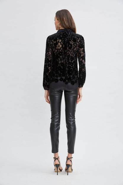 Women Burnout Silk Velvet Burnout  Shirt Black | Elie Tahari