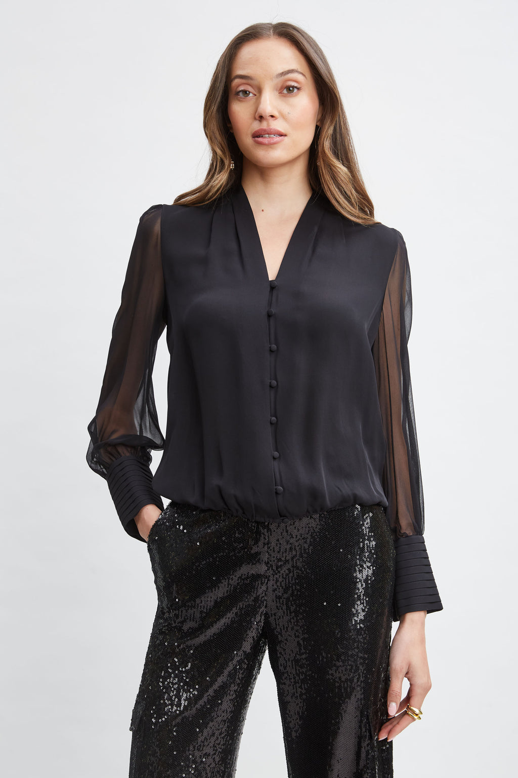 Women Silk Blouson Button Shirt Black | Elie Tahari