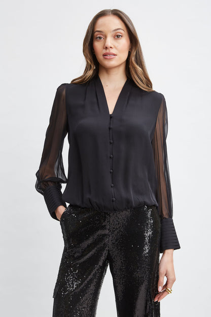 Women Silk Blouson Button Shirt Black | Elie Tahari