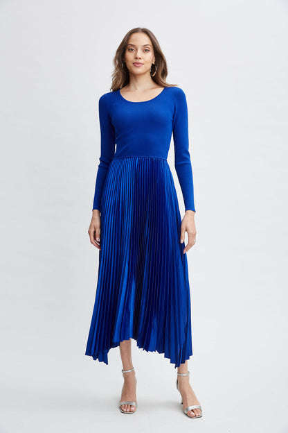 Women Long Sleeve Knit Pleated Dress Evening Blue | Elie Tahari