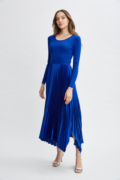 Women Long Sleeve Knit Pleated Dress Evening Blue | Elie Tahari