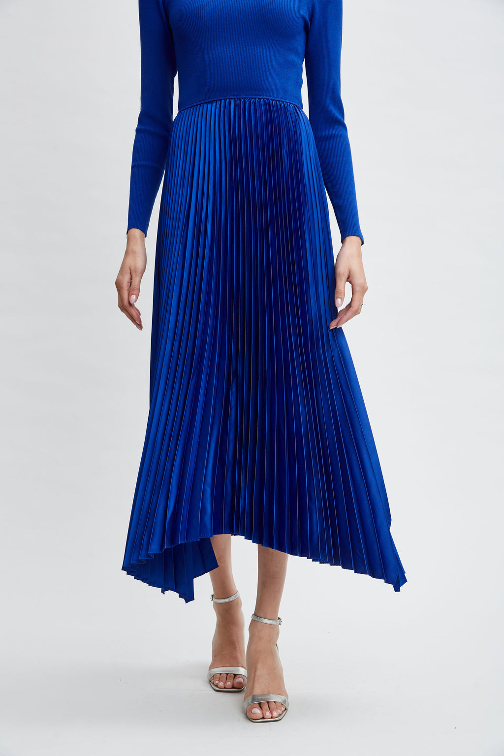 Women Long Sleeve Knit Pleated Dress Evening Blue | Elie Tahari