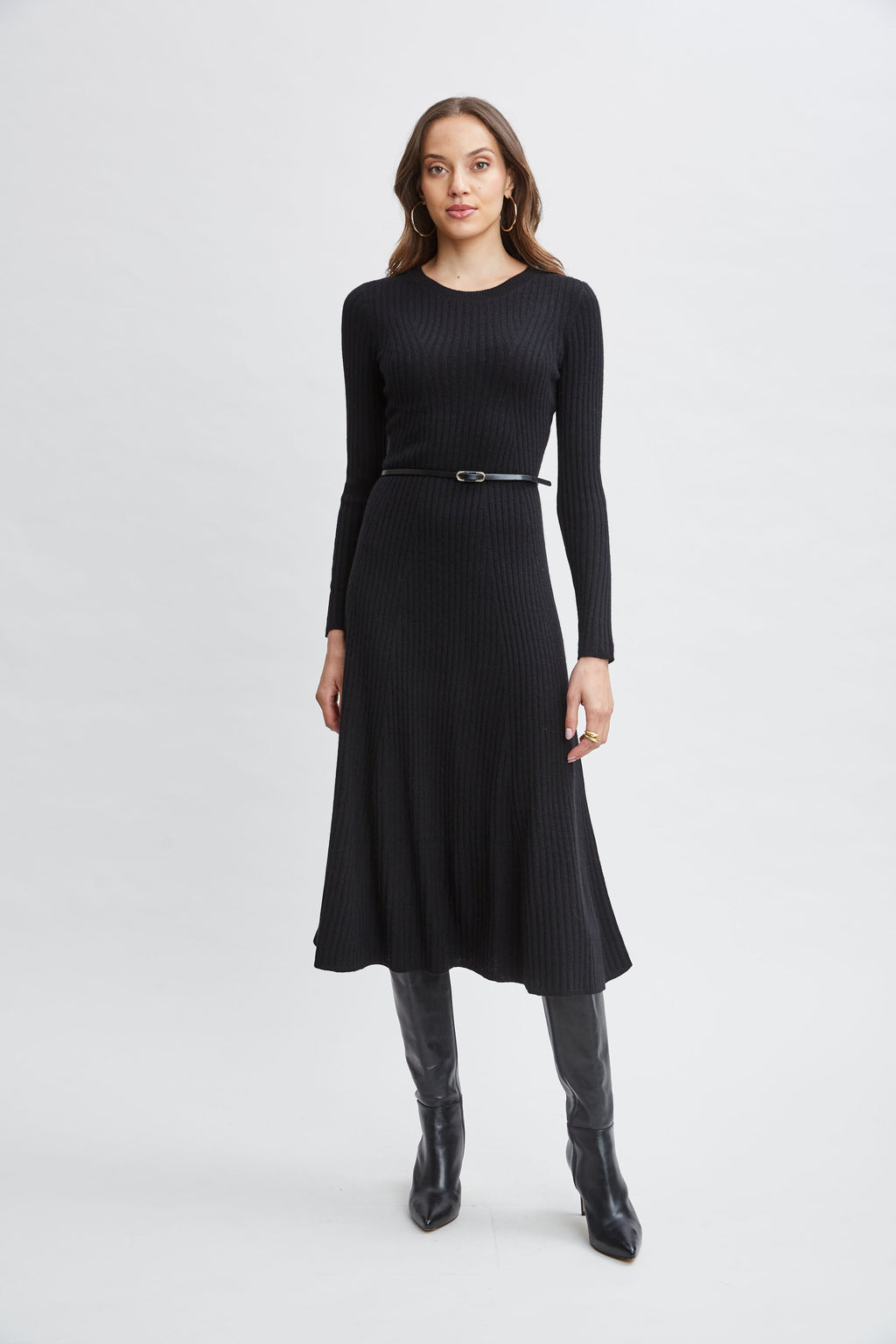 Women Cashmere Long Sleeve Belted Dress Noir | Elie Tahari