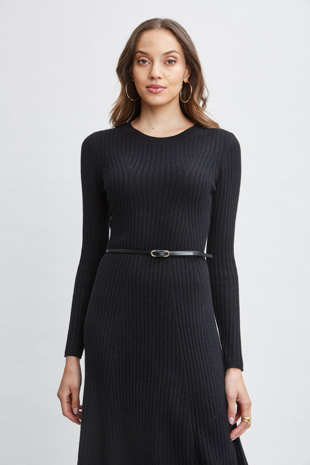 Women Cashmere Long Sleeve Belted Dress Noir | Elie Tahari