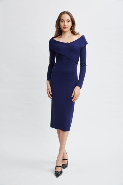 Women Off Shoulder Wool Sweater Dress Deep Evening Blue | Elie Tahari