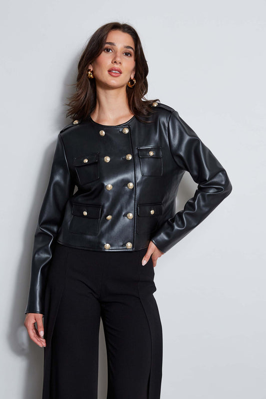 Women Vegan Leather Crest Button Jacket  | Elie Tahari