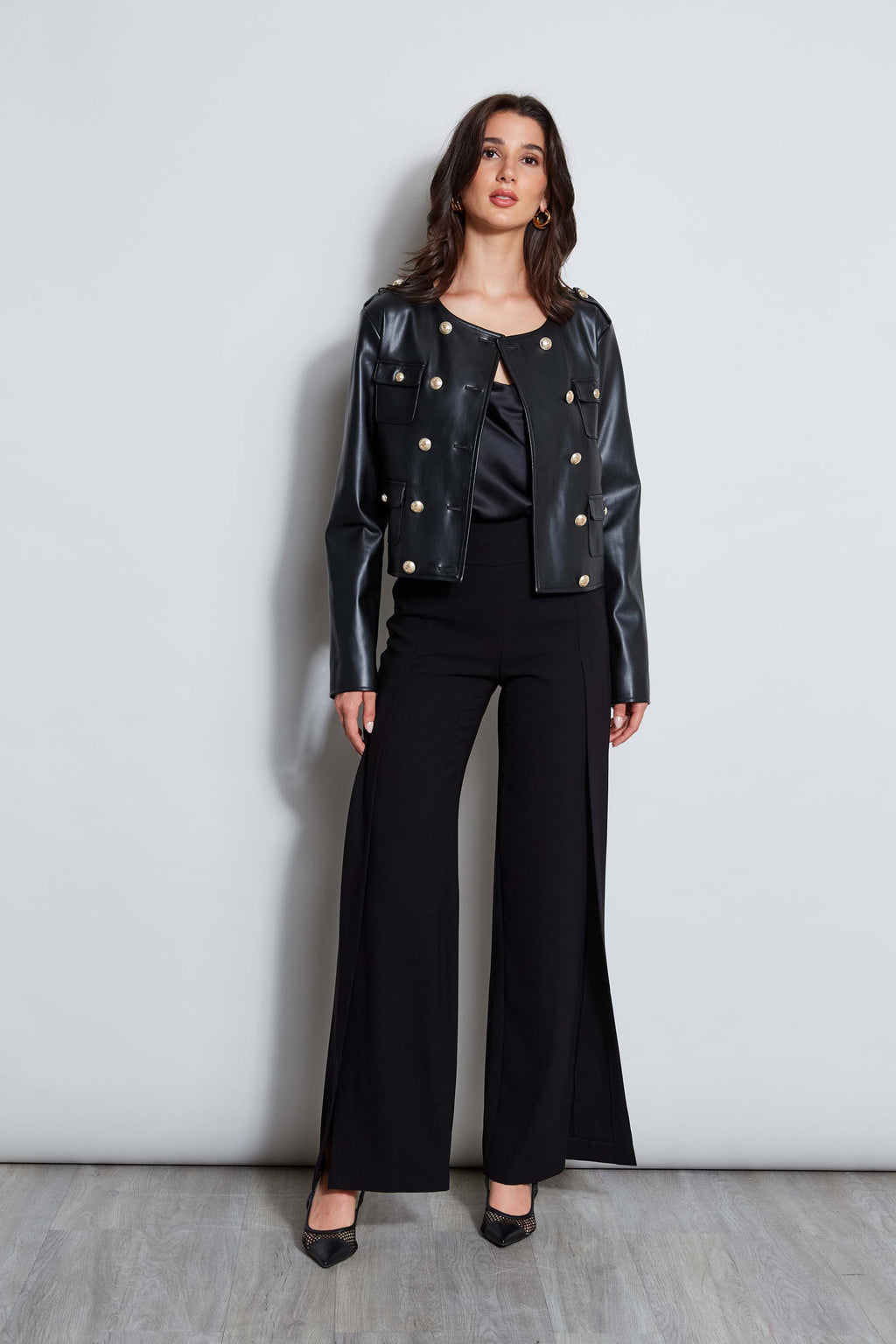 Women Vegan Leather Crest Button Jacket  | Elie Tahari