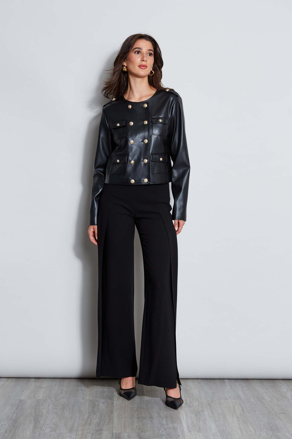 Women Vegan Leather Crest Button Jacket  | Elie Tahari