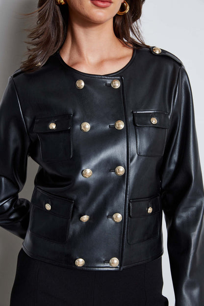 Women Vegan Leather Crest Button Jacket  | Elie Tahari