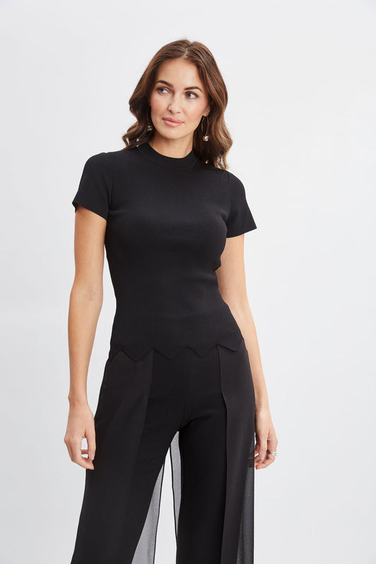 Women Short Sleeve Scallop Sweater Black | Elie Tahari