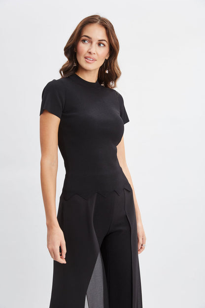 Women Short Sleeve Scallop Sweater Black | Elie Tahari
