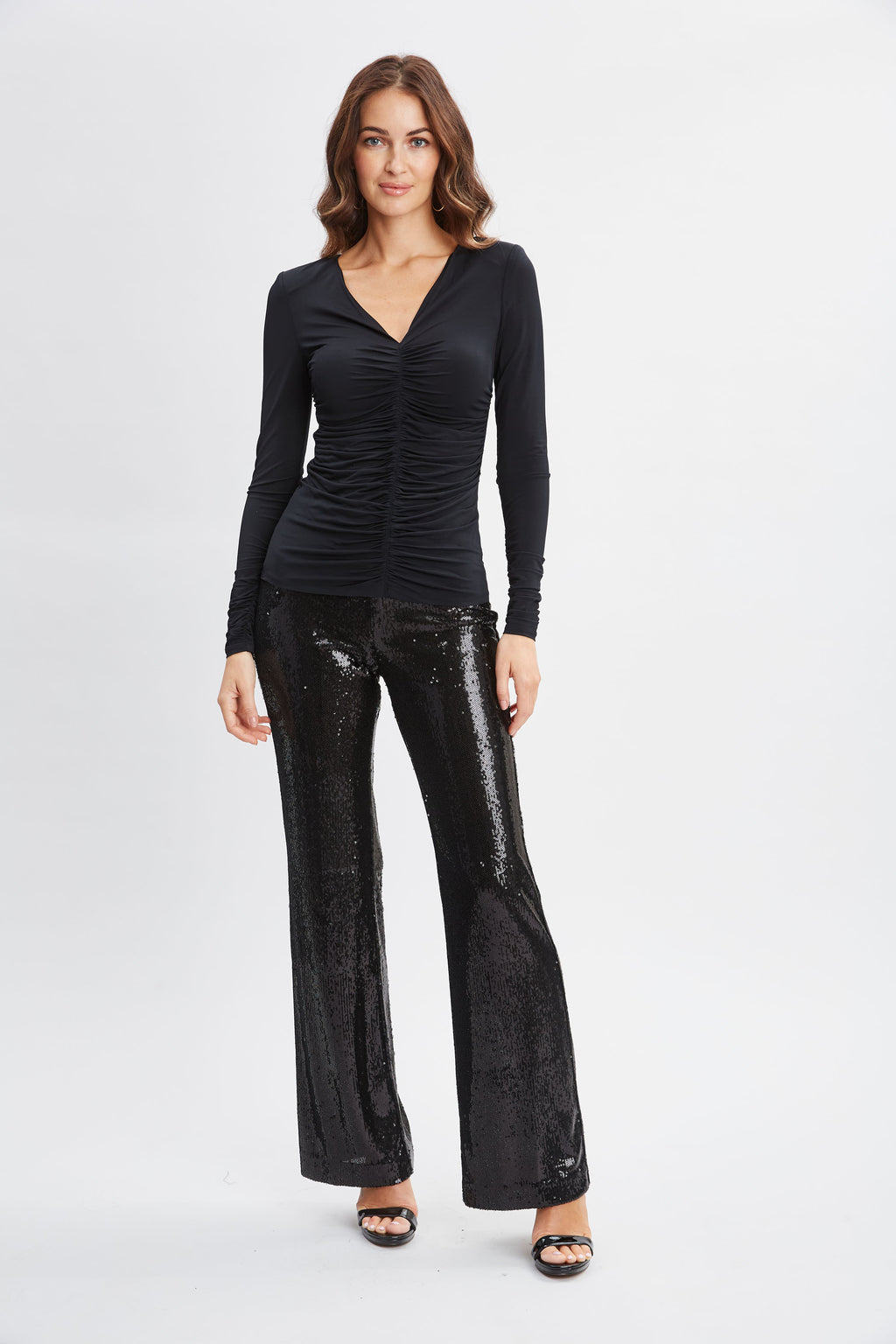 Women Ruched V-Neck Knit Black | Elie Tahari