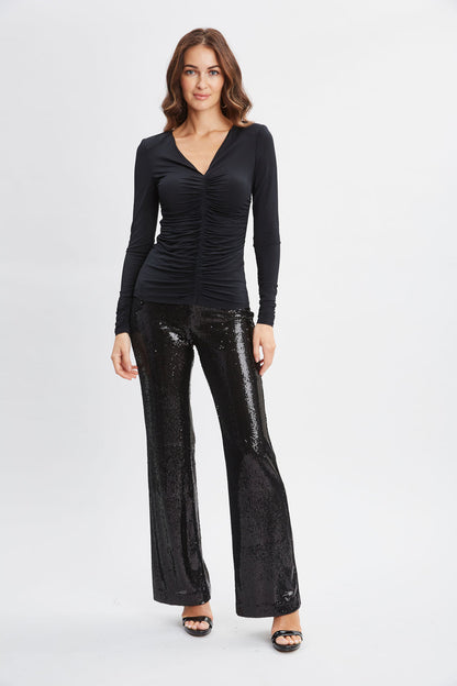Women Ruched V-Neck Knit Black | Elie Tahari