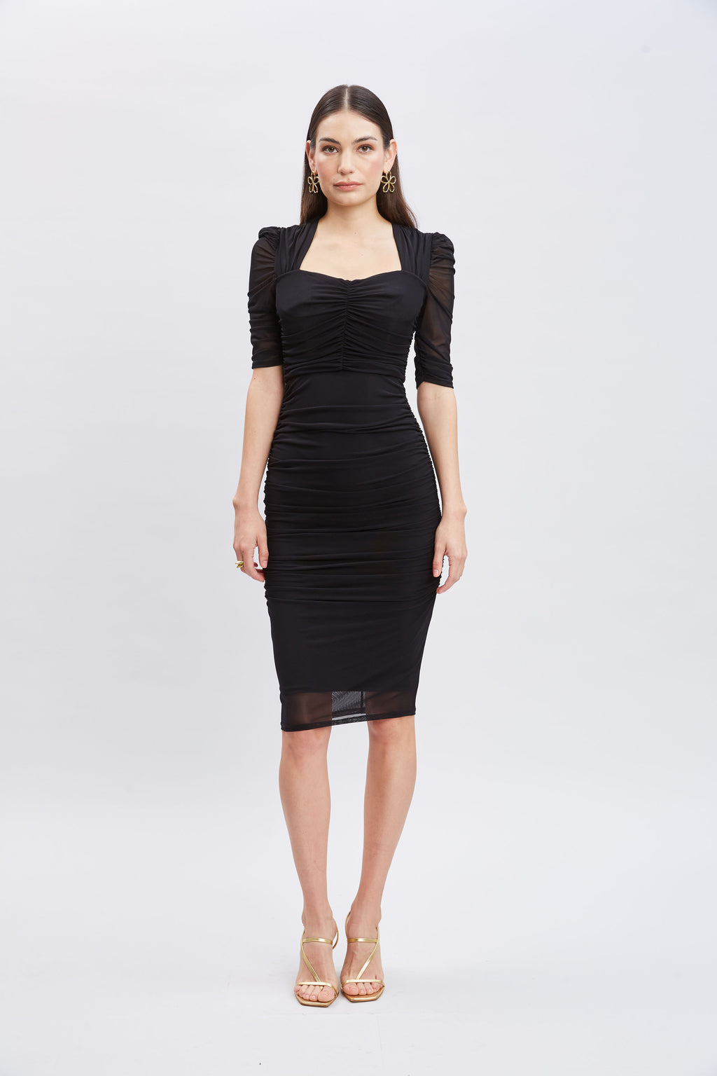 Women Ruched Mesh Dress Black | Elie Tahari