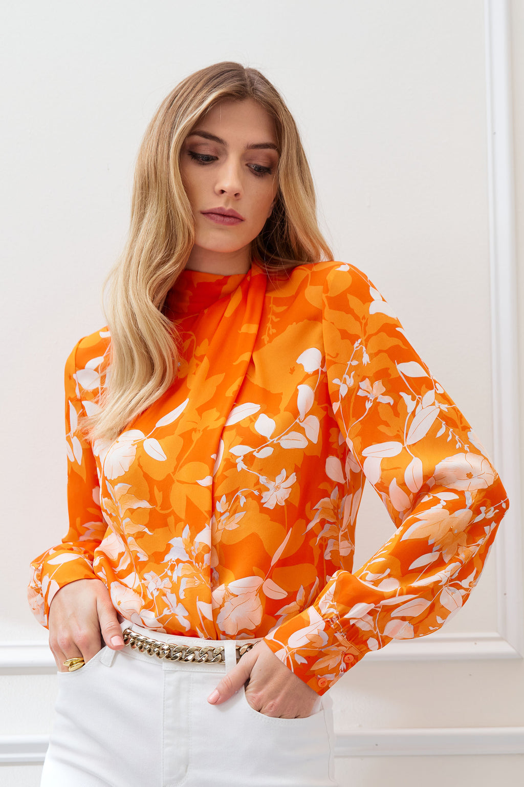 Women Silk Draped Neck Bloom Shirt  | Elie Tahari