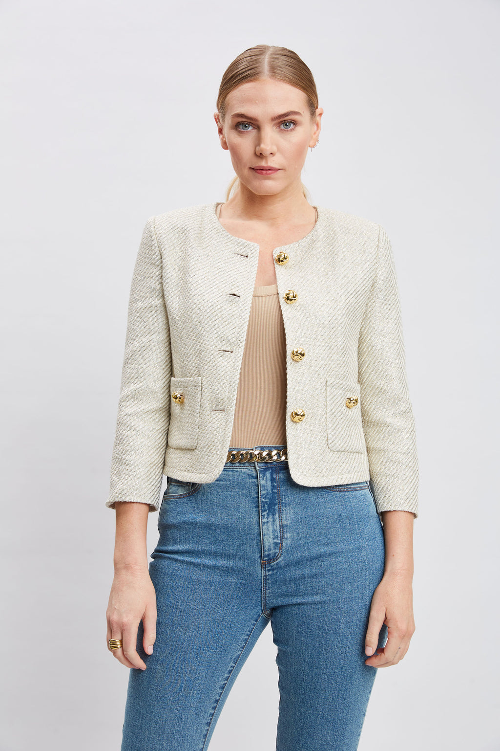 Women Metallic Tweed Pocket Jacket  | Elie Tahari