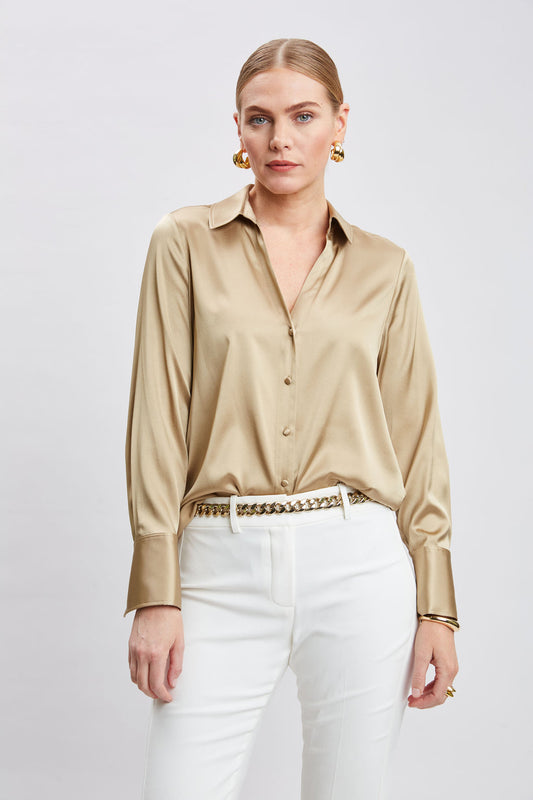 Women Silk Satin Button Down Shirt  | Elie Tahari