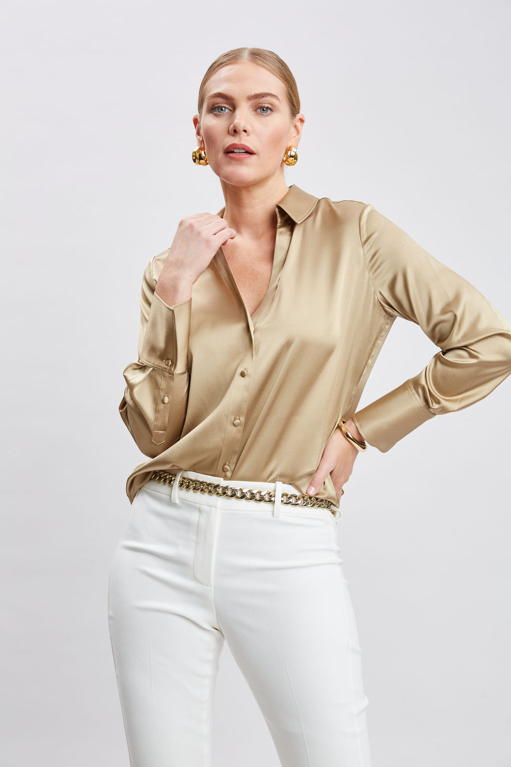 Women Silk Satin Button Down Shirt  | Elie Tahari