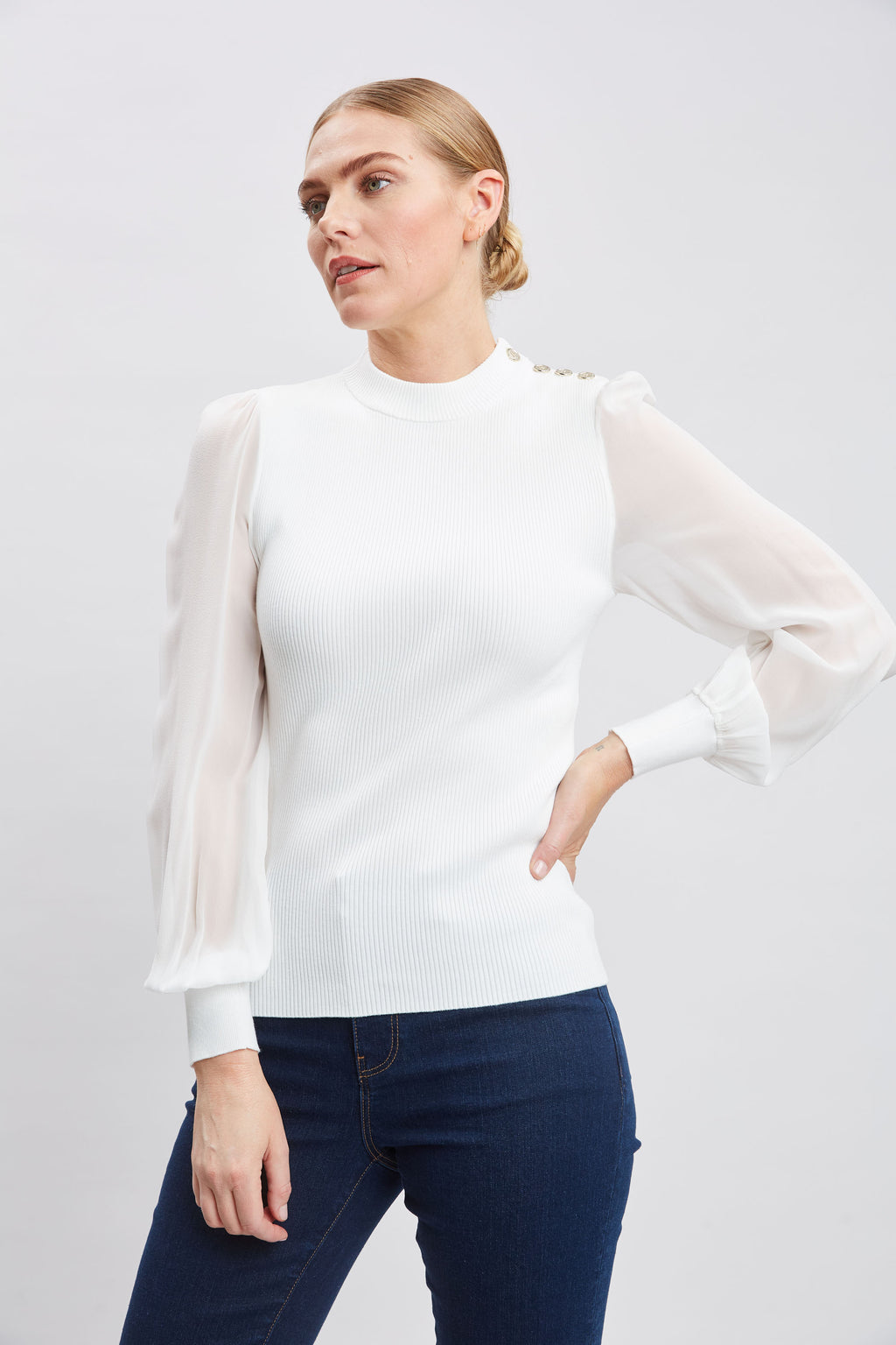 Women Chiffon Sleeve Button Knit  | Elie Tahari
