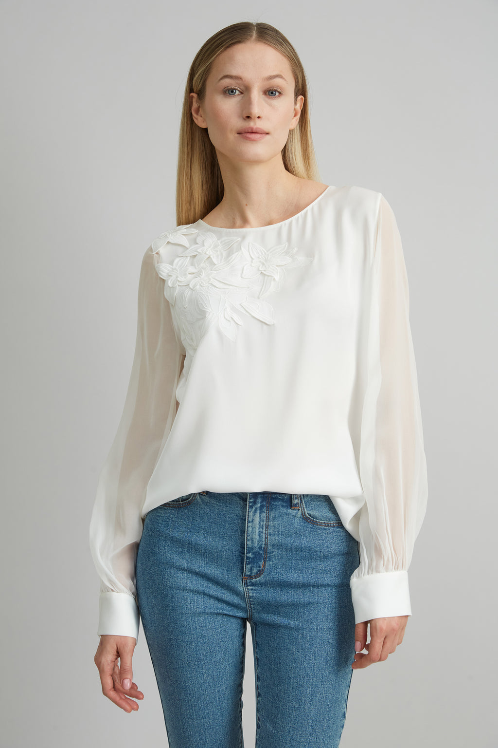 Women Floral Applique Silk Shirt  | Elie Tahari
