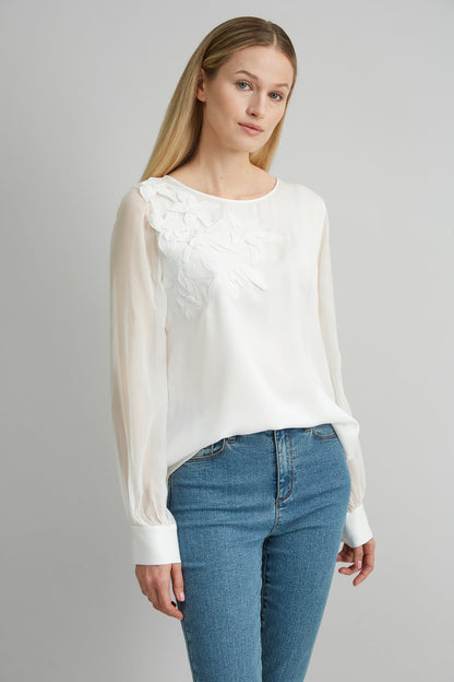Women Floral Applique Silk Shirt  | Elie Tahari