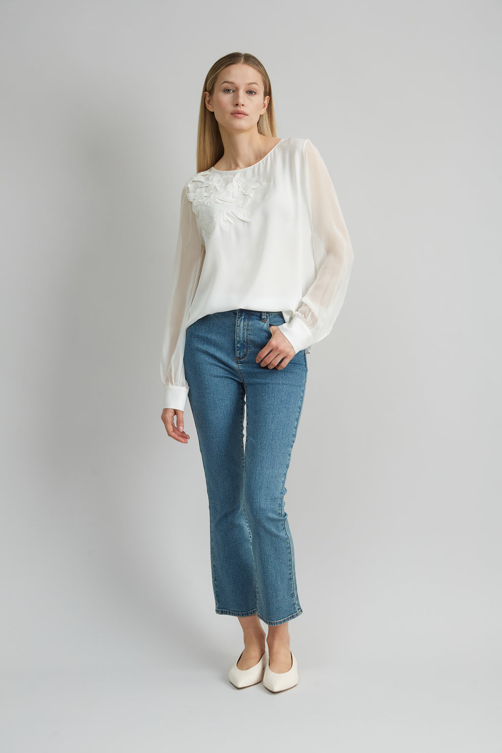 Women Floral Applique Silk Shirt  | Elie Tahari