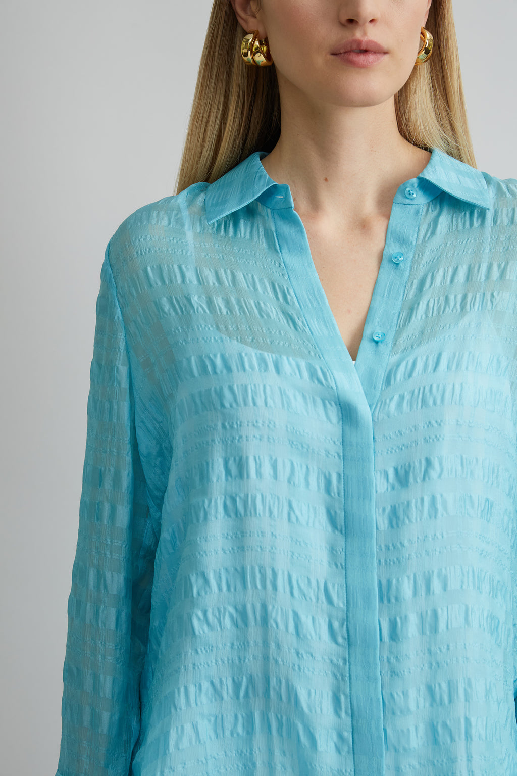 Women Silk Plaid Jacquard Shirt Aquamarine | Elie Tahari