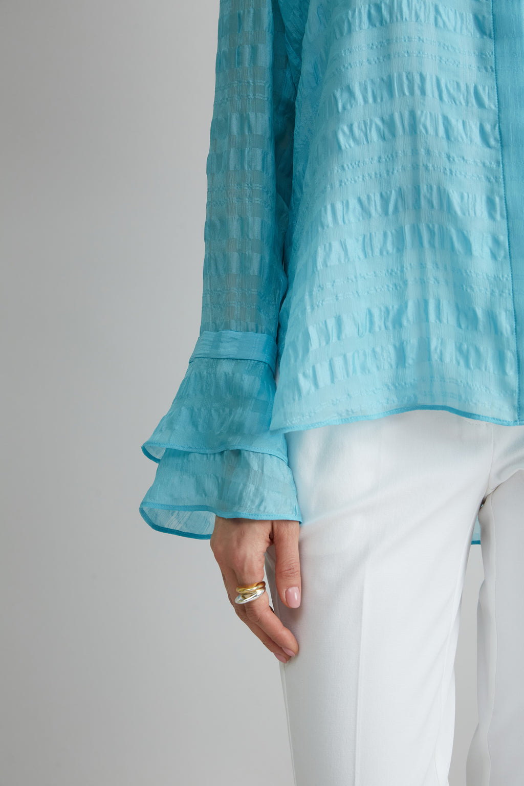 Women Silk Plaid Jacquard Shirt Aquamarine | Elie Tahari