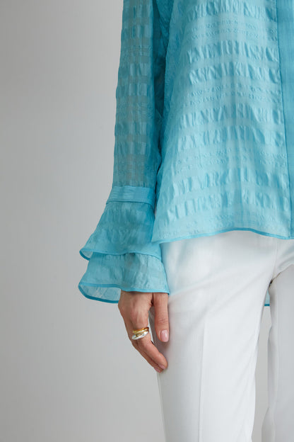 Women Silk Plaid Jacquard Shirt Aquamarine | Elie Tahari