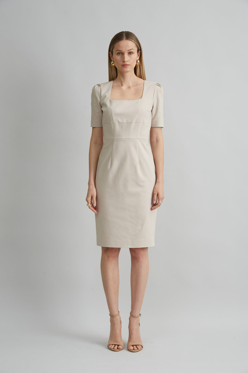 Women Short Sleeve Square Neck Cotton Dress Driftwood | Elie Tahari