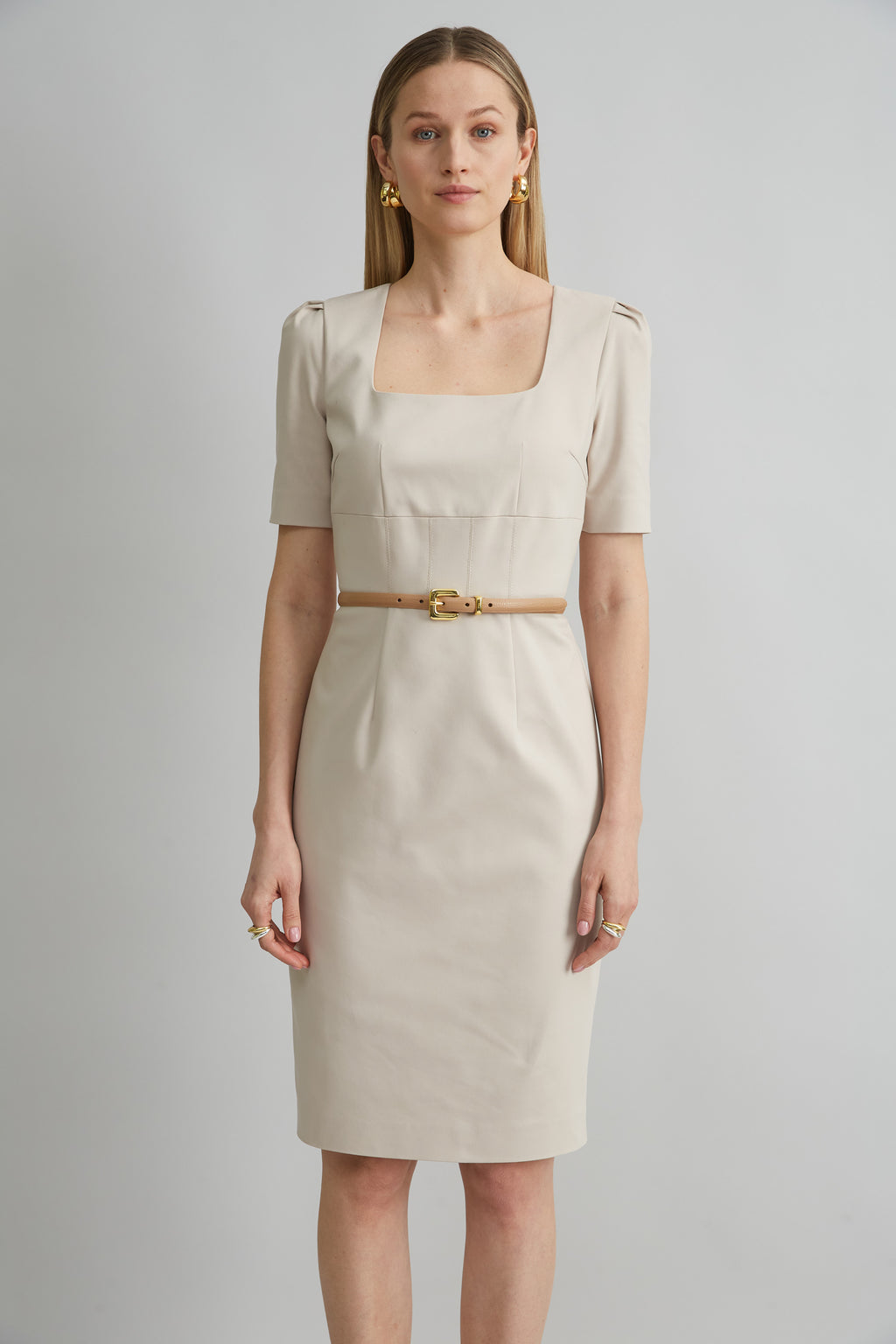 Women Short Sleeve Square Neck Cotton Dress Driftwood | Elie Tahari