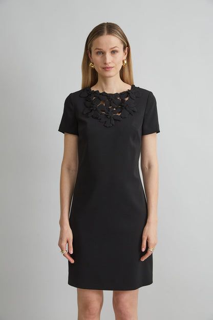 Women Short Sleeve Flower Applique Dress Black | Elie Tahari