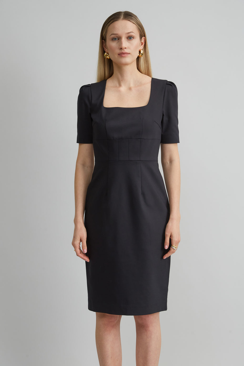 Women Short Sleeve Square Neck Cotton Dress Black | Elie Tahari