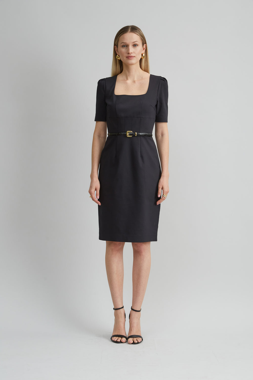Women Short Sleeve Square Neck Cotton Dress Black | Elie Tahari