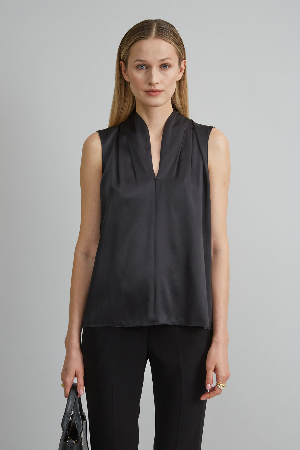 Women Sleeveless Silk Satin Contour Shirt Black | Elie Tahari