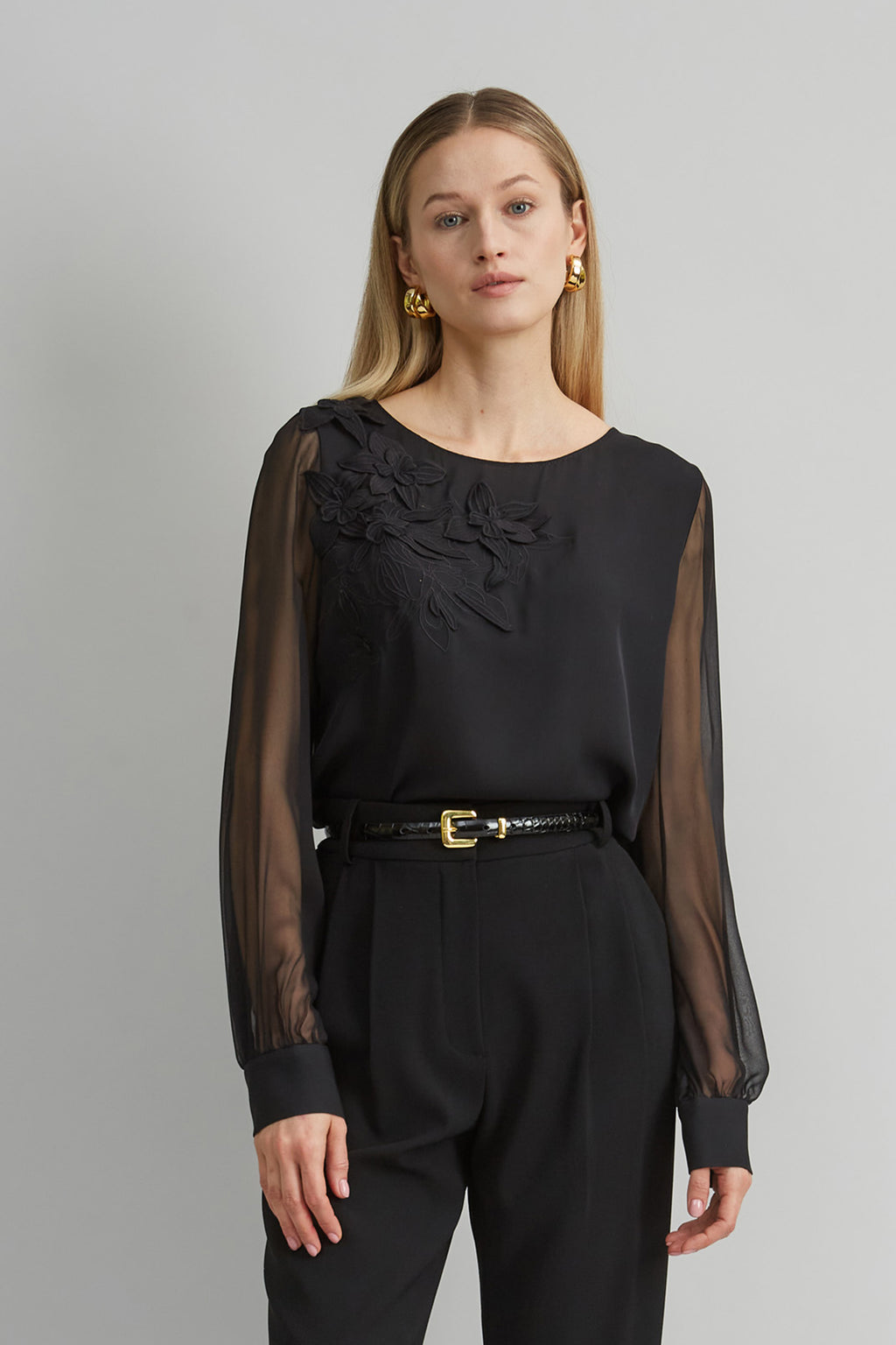Women Floral Applique Silk Shirt Black | Elie Tahari