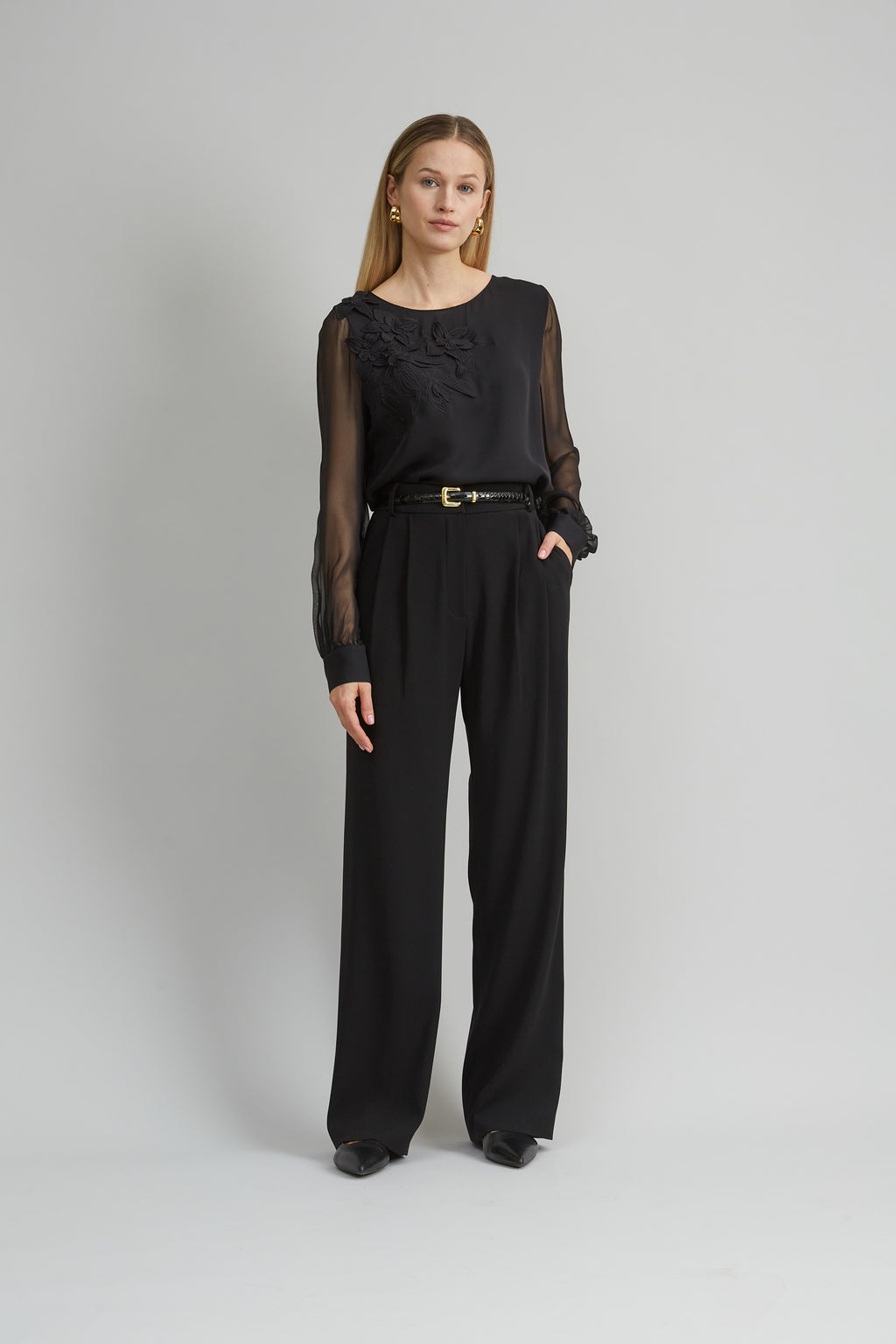 Women Floral Applique Silk Shirt Black | Elie Tahari