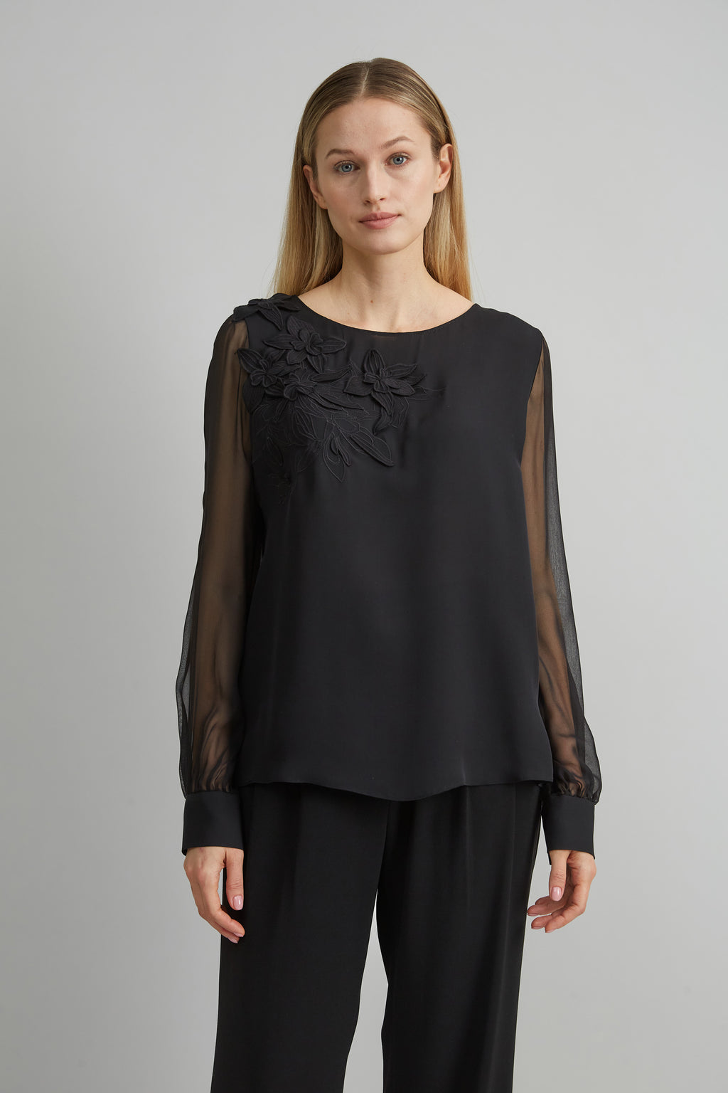 Women Floral Applique Silk Shirt Black | Elie Tahari