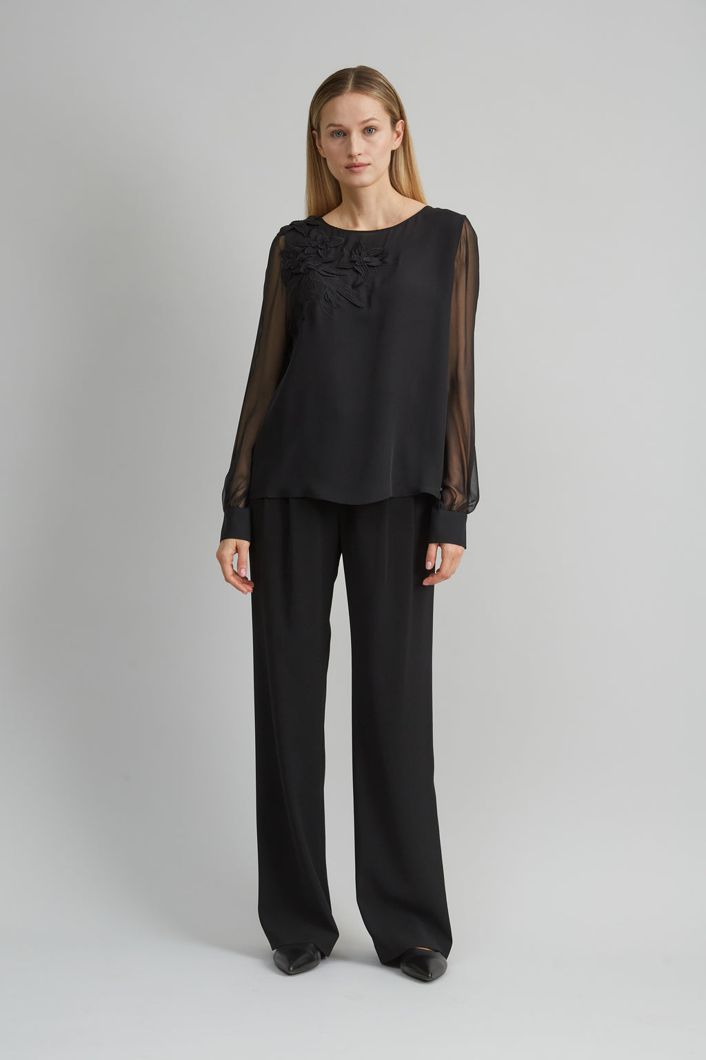 Women Floral Applique Silk Shirt Black | Elie Tahari