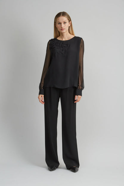 Women Floral Applique Silk Shirt Black | Elie Tahari