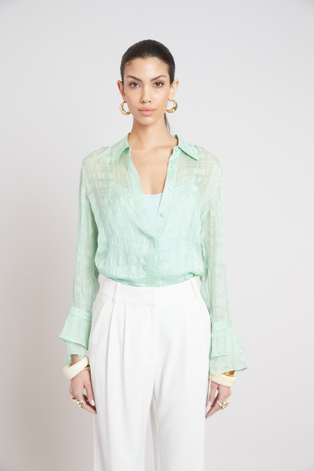 Women Silk Plaid Jacquard Shirt  | Elie Tahari