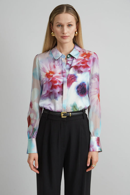 Women Mixed Media Silk Floral Shirt  | Elie Tahari